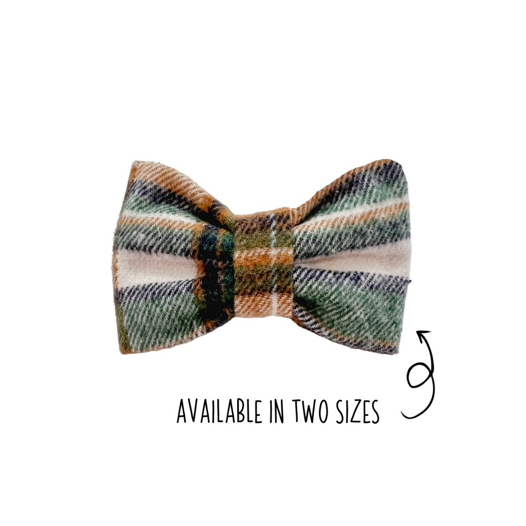 Green Plaid Flannel Bow Tie made with Alligator hair clip, over the collar or elastic headband