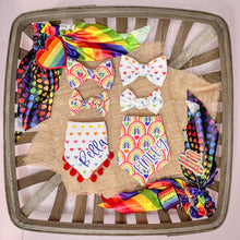 Load image into Gallery viewer, Colorful Hearts Bow Tie made with Alligator hair clip, over the collar or elastic headband (2 sizes available)
