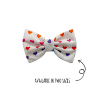 Load image into Gallery viewer, Colorful Hearts Bow Tie made with Alligator hair clip, over the collar or elastic headband (2 sizes available)
