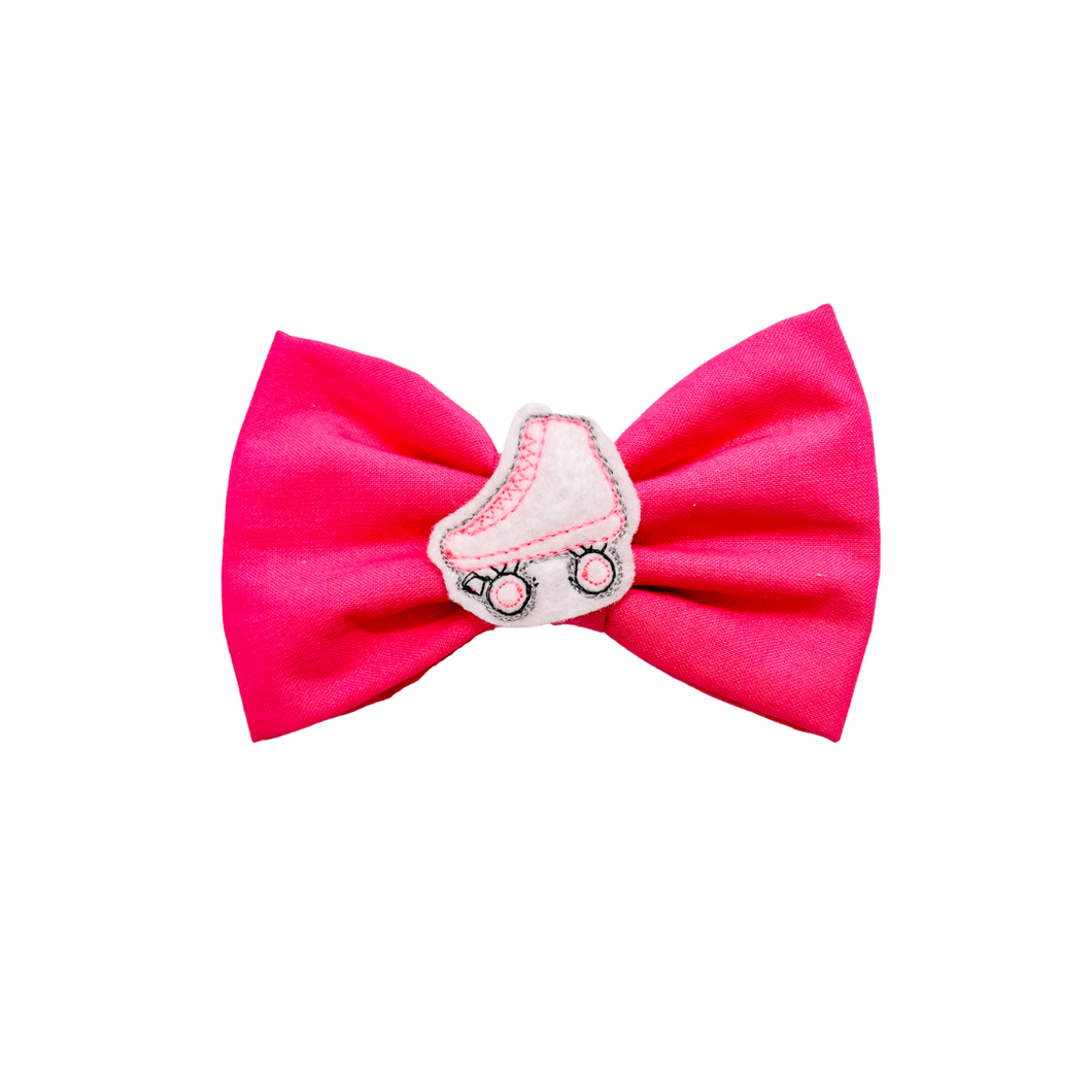 Hot Pink Bow Tie with embroidered roller skate feltie center made with Alligator hair clip, over the collar or elastic headband (2 sizes available)