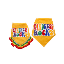 Load image into Gallery viewer, Be Kind Rainbow dog bandana with soft macrame cord tie closure available with or without rainbow tassel trim (Look for matching hair bow)
