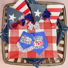 Load image into Gallery viewer, Little Sparkler or Little Firecracker dog bandana with soft macrame cord tie closure available with or without ribbon ruffle trim (Look for matching hair bow)
