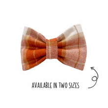 Load image into Gallery viewer, Orange Plaid Flannel Bow Tie made with Alligator hair clip, over the collar or elastic headband
