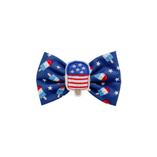 Load image into Gallery viewer, Patriotic popsicle bow tie with with embroidered popsicle feltie center made with Alligator hair clip, over the collar or elastic headband (2 sizes available)
