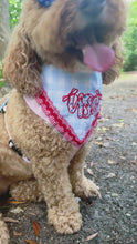 Load and play video in Gallery viewer, Liberty USA Applique dog bandana with soft macrame cord tie closure.
