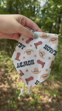 Load and play video in Gallery viewer, Howdy, Fall reversible dog bandana with soft macrame cord tie closure. Free Personalization available
