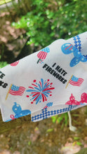 Load and play video in Gallery viewer, I hate fireworks reversible dog bandana with soft macrame cord tie closure. Free personalization

