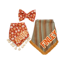 Load image into Gallery viewer, Pumpkin and Stripes reversible dog bandana with soft macrame cord tie closure available with optional trim
