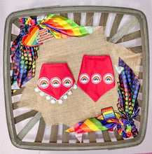 Load image into Gallery viewer, Rainbow Feltie dog bandana with soft macrame cord tie closure available with or without pom trim
