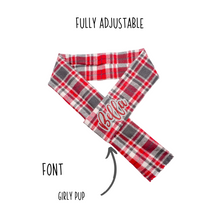 Load image into Gallery viewer, Red and grey Plaid Flannel Adjustable Dog Scarf FREE PERSONALIZATION

