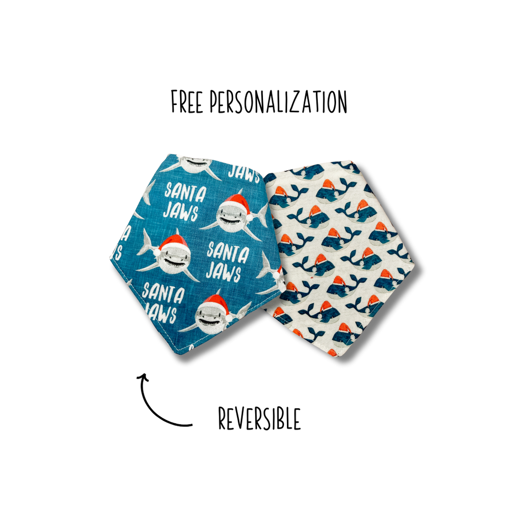 Santa Jaws and whales reversible dog bandana with soft macrame cord tie closure FREE Personalization