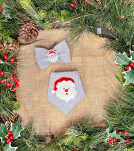 Load image into Gallery viewer, Grey cable knit velvet and felt Santa Applique Dog Bandana with Soft Macrame Cord Tie Closure (look for matching bow tie/ hair bow)
