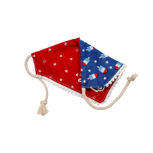 Load image into Gallery viewer, Popsicle and Stars Reversible dog bandana with soft macrame cord tie closure available with or without red mini pom trim
