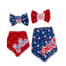 Load image into Gallery viewer, Popsicle and Stars Reversible dog bandana with soft macrame cord tie closure available with or without red mini pom trim
