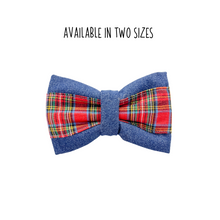 Load image into Gallery viewer, Denim and tartan Bow Tie made with Alligator hair clip, over the collar or elastic headband
