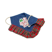 Load image into Gallery viewer, Oh Christmas Treats denim with tartan plaid ruffle dog bandana with soft macrame cord tie closure available with or without ribbon ruffle trim
