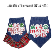 Load image into Gallery viewer, Oh Christmas Treats denim with tartan plaid ruffle dog bandana with soft macrame cord tie closure available with or without ribbon ruffle trim

