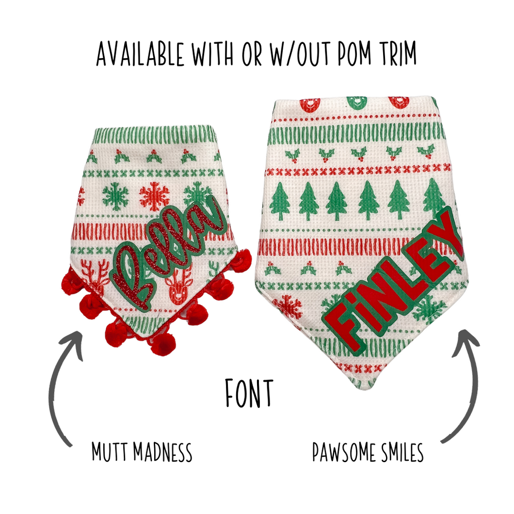 Thermal Christmas dog bandana with soft macrame cord tie closure available with optional trim