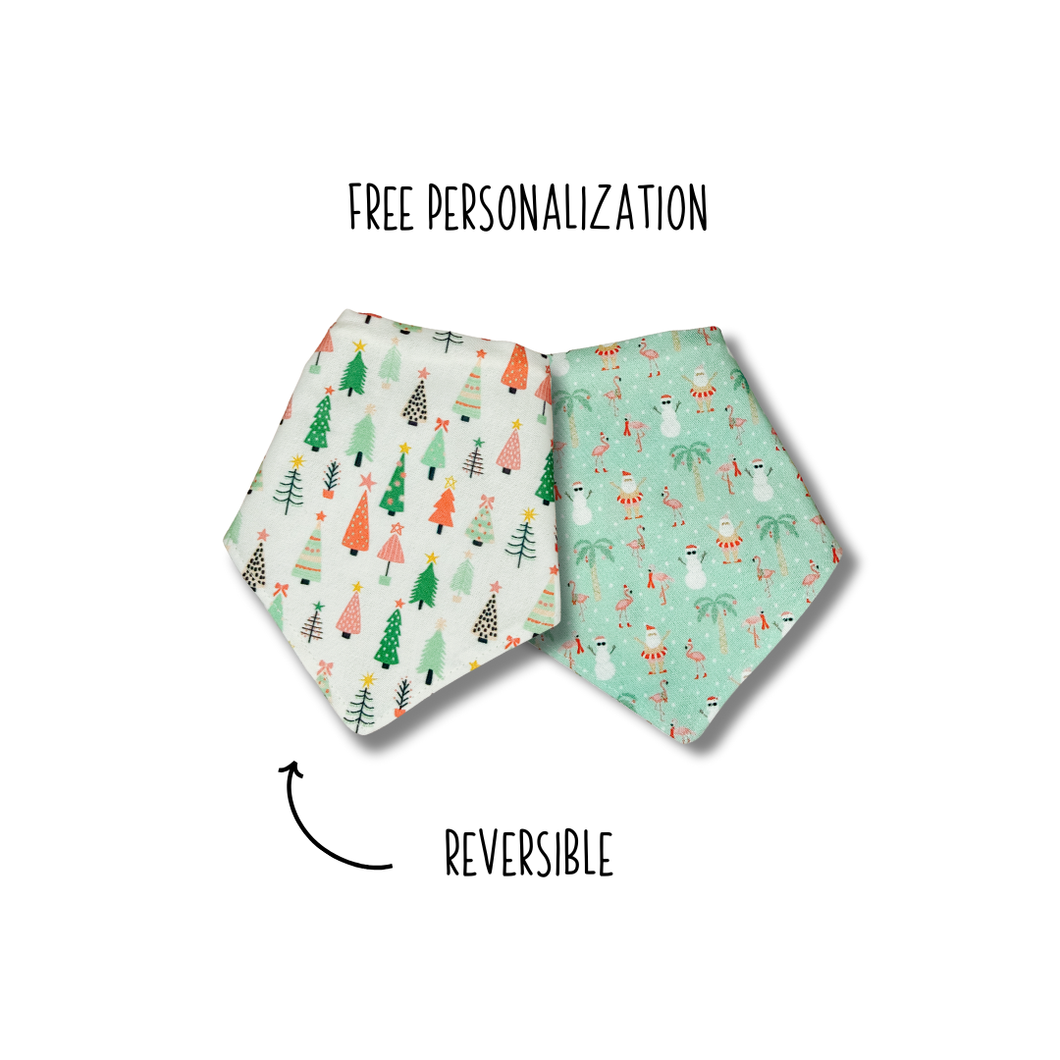 Pastel trees and beach Santa Christmas reversible dog bandana with soft macrame cord tie closure FREE Personalization