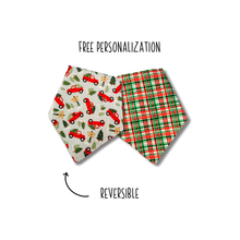 Load image into Gallery viewer, Christmas tree truck and plaid reversible dog bandana with soft macrame cord tie closure FREE Personalization
