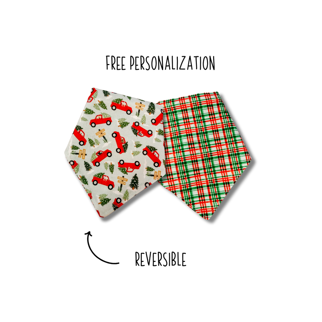 Christmas tree truck and plaid reversible dog bandana with soft macrame cord tie closure FREE Personalization