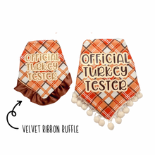 Load image into Gallery viewer, Official Turkey Tester orange plaid with velvet ruffle dog bandana with soft macrame cord tie closure available with or without ribbon ruffle trim
