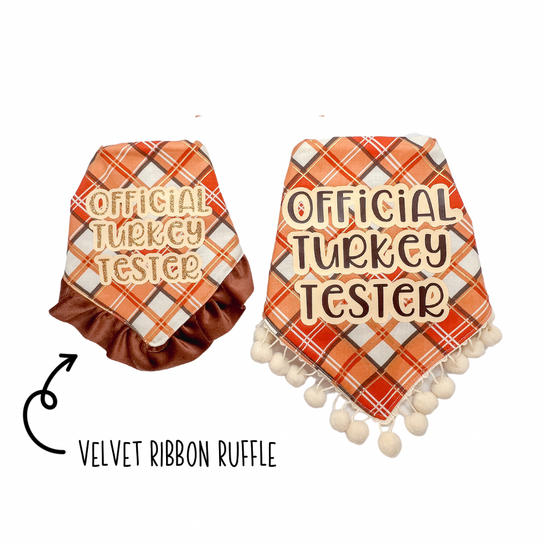 Official Turkey Tester orange plaid with velvet ruffle dog bandana with soft macrame cord tie closure available with or without ribbon ruffle trim