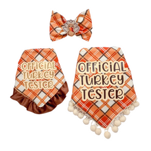 Load image into Gallery viewer, Official Turkey Tester orange plaid with velvet ruffle dog bandana with soft macrame cord tie closure available with or without ribbon ruffle trim
