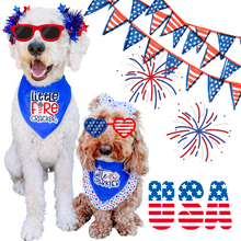 Load image into Gallery viewer, Little Sparkler or Little Firecracker dog bandana with soft macrame cord tie closure available with or without ribbon ruffle trim (Look for matching hair bow)
