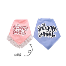 Load image into Gallery viewer, Snuggle bunny dog bandana with soft macrame cord tie closure available with or without eyelet ruffle trim (pink or blue option)
