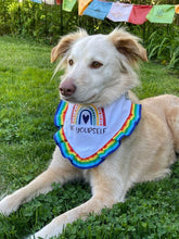 Load image into Gallery viewer, Be Yourself Rainbow dog bandana with soft macrame cord tie closure available with or without ribbon ruffle trim (Look for matching hair bow)
