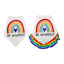Load image into Gallery viewer, Be Yourself Rainbow dog bandana with soft macrame cord tie closure available with or without ribbon ruffle trim (Look for matching hair bow)
