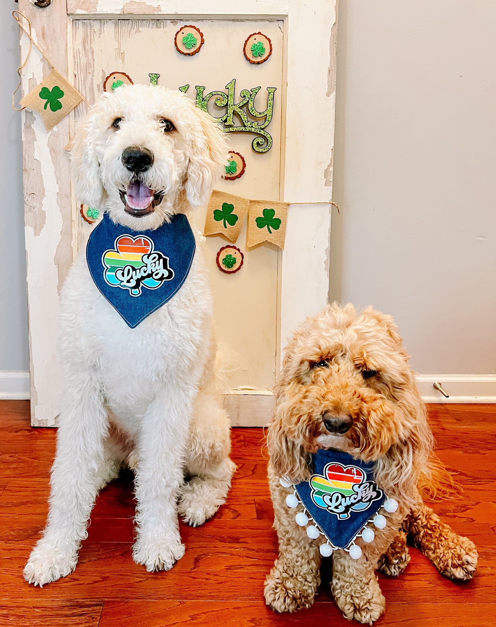 Lucky Retro Clover dog bandana with soft macrame cord tie closure available with or without white pom