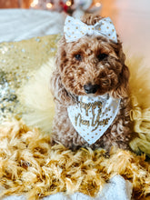 Load image into Gallery viewer, White with Gold Polka Dot Bow Tie made with  Alligator hair clip, over the collar or elastic headband
