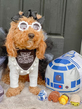 Load image into Gallery viewer, May the Fourth dog bandana with soft macrame cord tie closure
