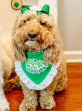 Load image into Gallery viewer, Lucky Charm dog bandana with soft macrame cord tie closure available with or without white ruffle trim
