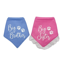 Load image into Gallery viewer, Big Brother/ Big Sister Cursive Design dog bandana with soft macrame cord tie closure. Available with optional eyelet lace trim
