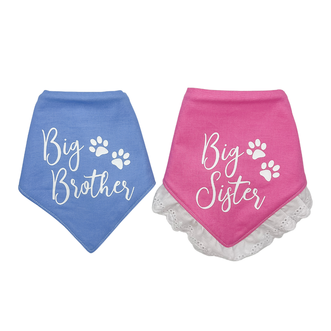 Big Brother/ Big Sister Cursive Design dog bandana with soft macrame cord tie closure. Available with optional eyelet lace trim