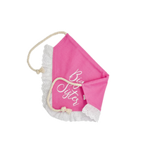 Load image into Gallery viewer, Big Brother/ Big Sister Cursive Design dog bandana with soft macrame cord tie closure. Available with optional eyelet lace trim
