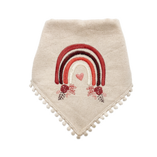 Load image into Gallery viewer, Boho rainbow machine embroidered dog bandana with soft macrame cord tie closure
