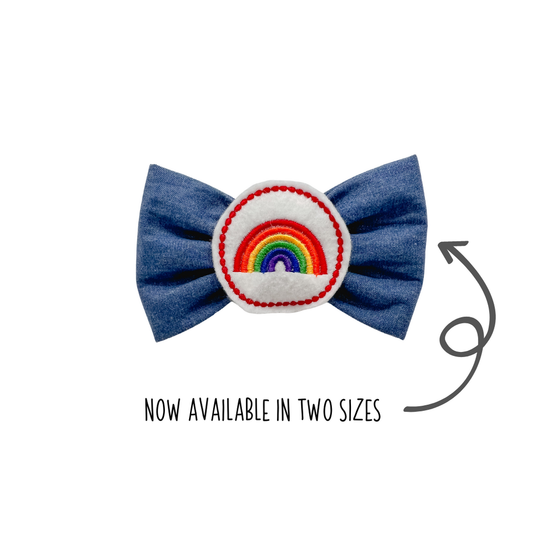 Denim chambray Bow Tie with embroidered rainbow center made with Alligator hair clip, over the collar or elastic headband (2 sizes available)