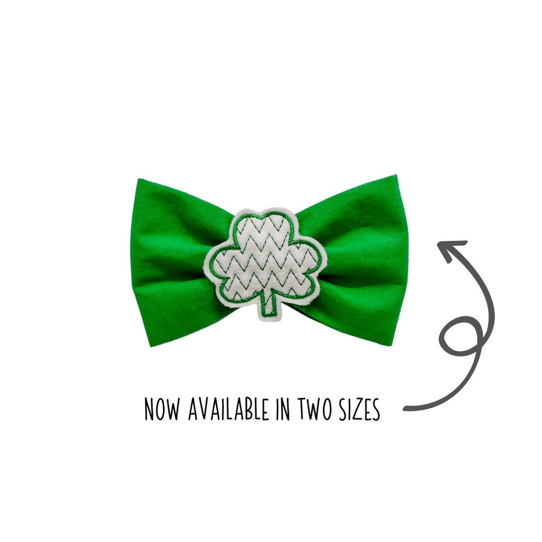 Green Bow Tie with embroidered shamrock center made with Alligator hair clip, over the collar or elastic headband (2 sizes available)