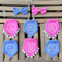 Load image into Gallery viewer, Lil Brother/ Lil Sister Circle Design dog bandana with soft macrame cord tie closure. Available with optional pom trim
