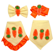Load image into Gallery viewer, Carrot Feltie dog bandana with soft macrame cord tie closure available with or without ruffle trim (look for matching hair bow and bow tie)
