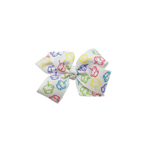 Load image into Gallery viewer, White with cupcakes 1.5 in Grosgrain Hair bow Made with an  Alligator  Hair clip or elastic headband
