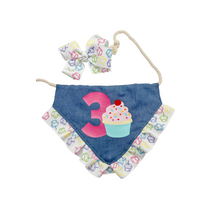 Load image into Gallery viewer, Number Cupcake dog bandana with soft macrame cord tie closure available with or without cupcake ribbon ruffle (look for matching bow)
