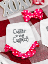 Load image into Gallery viewer, Hot Pink Cuter than Cupid dog bandana with soft macrame cord tie closure available with or without ribbon ruffle trim (Look for matching hair bow)
