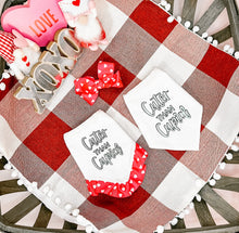 Load image into Gallery viewer, Hot Pink Cuter than Cupid dog bandana with soft macrame cord tie closure available with or without ribbon ruffle trim (Look for matching hair bow)
