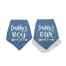 Load image into Gallery viewer, Daddy&#39;s Girl/Boy dog bandana with soft macrame cord tie closure available with or without eyelet lace trim
