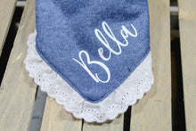 Load image into Gallery viewer, Denim and Lace Dog Bandana with Soft Macrame Cord Tie Closure- FREE PERSONALIZATION
